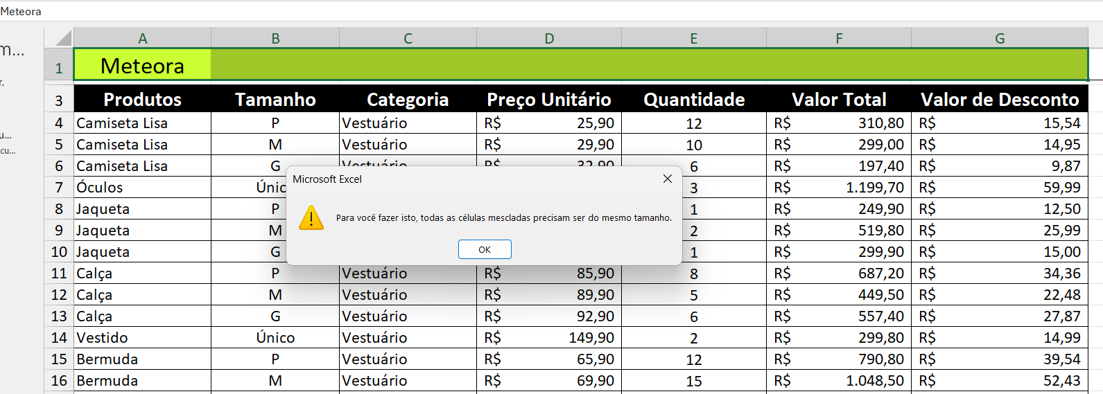 ERRO DO EXCEL: NÃO É POSSIVEL MESCLAR TABELAS COM TAMANHOS DIFERENTES