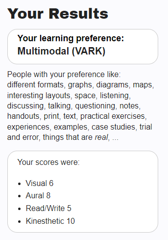 Descrição do teste VARK sobre formato de aprendizagem. O resultado foi o estilo multimodal.