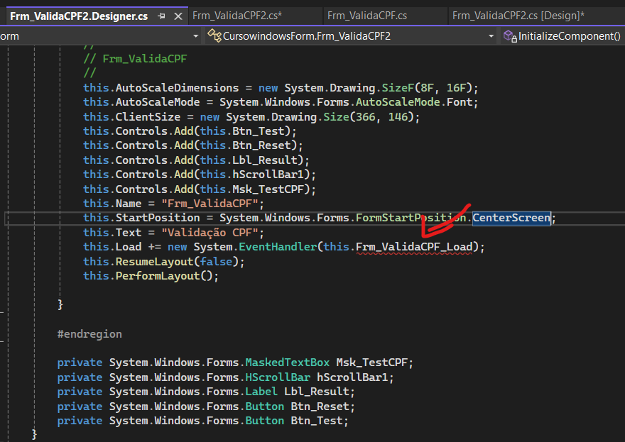 Parte do código do  InitializeComponent do Frm_ValidaCPF2