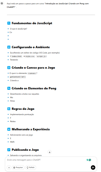 Resposta do chatGPT para o passo a passo para um curso de Javascript