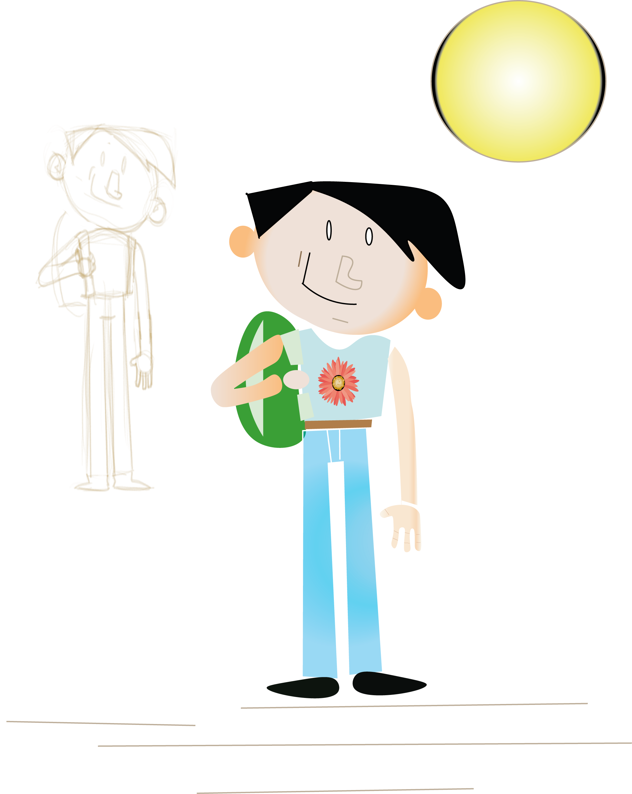 Desenho de um menino branco de cabelos pretos, vestindo uma blusa branca com um flor rosa, calças jeans e segurando uma mochila verde.