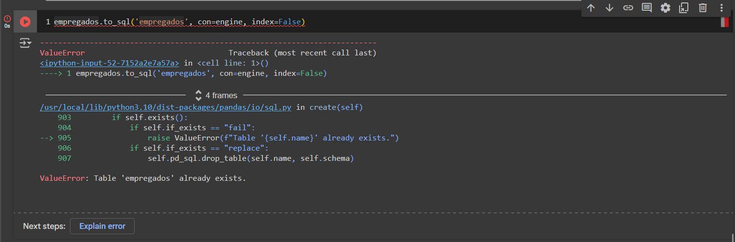 Imagem mostrando o ValueError: Table 'empregados' already exists