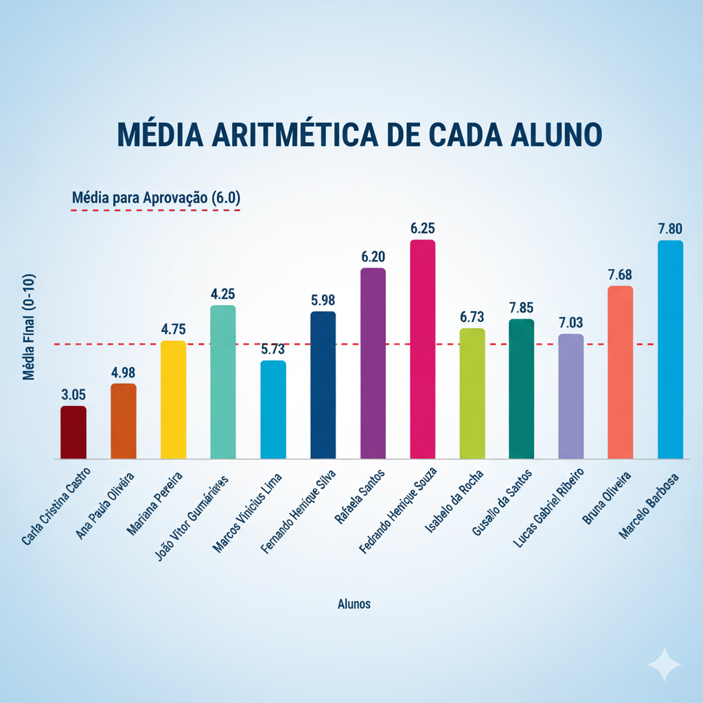 Gráfico atulizado da média de cada aluno e cada um com uma cor