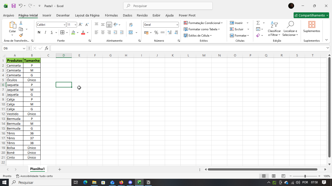 Planilha de excel com duas colunas, uma representando produtos e outra tamanhos