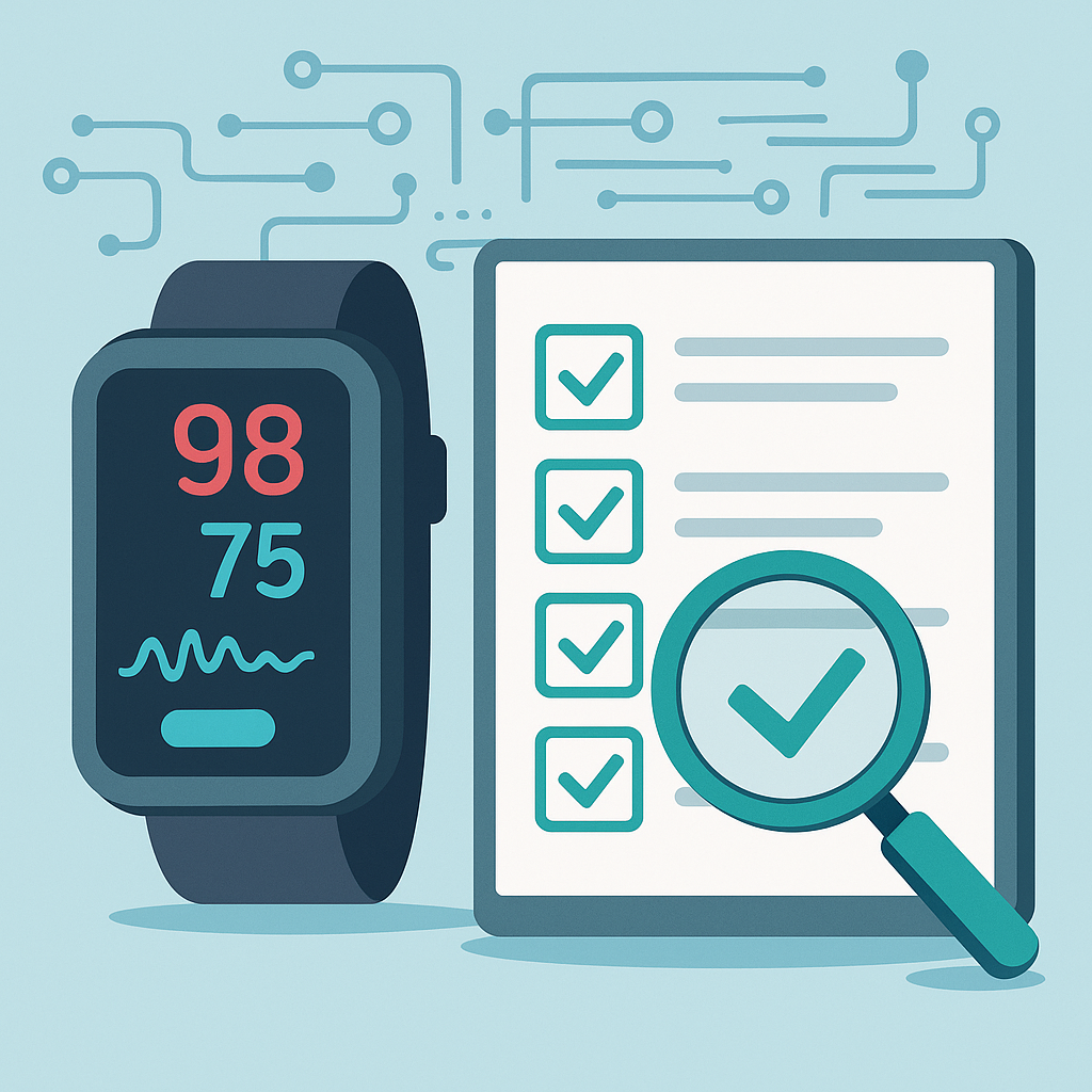 um dispositivo médico em destaque, com algoritmos e checklist digital em segundo plano, transmitindo a ideia de auditoria tecnológica