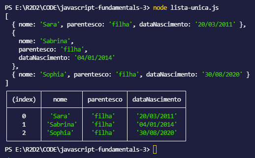 Imagem do meu terminal mostrando a dois objetos com informações impressas em uma única linha e outro não