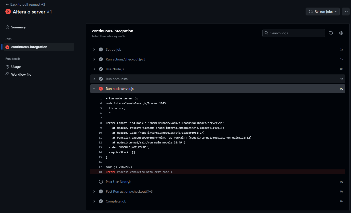 Erro na branch "Altera Server" no workflow de integração contínua