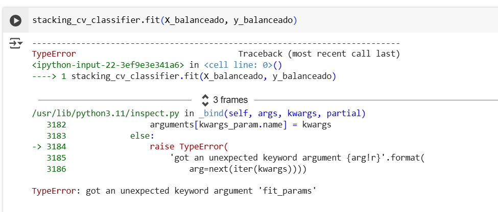 erro que aparece quando eu treino o stacking com os dados de treino