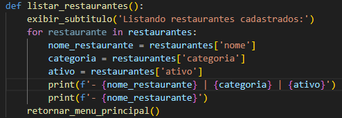 Imagem da função listar_restaurantes com declaração da variável com uma coloração diferente