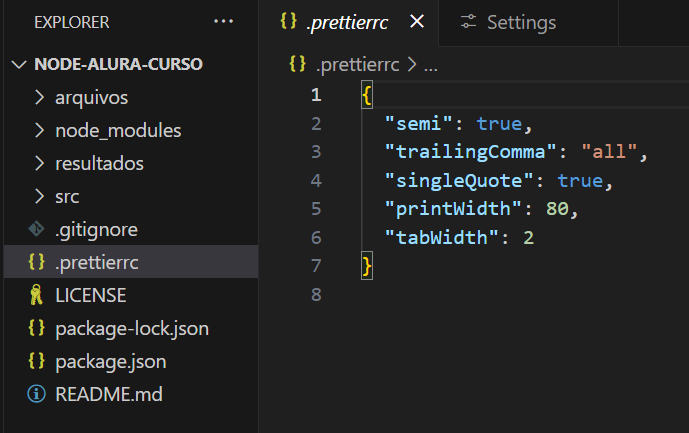 arquivo de configuração do prettier