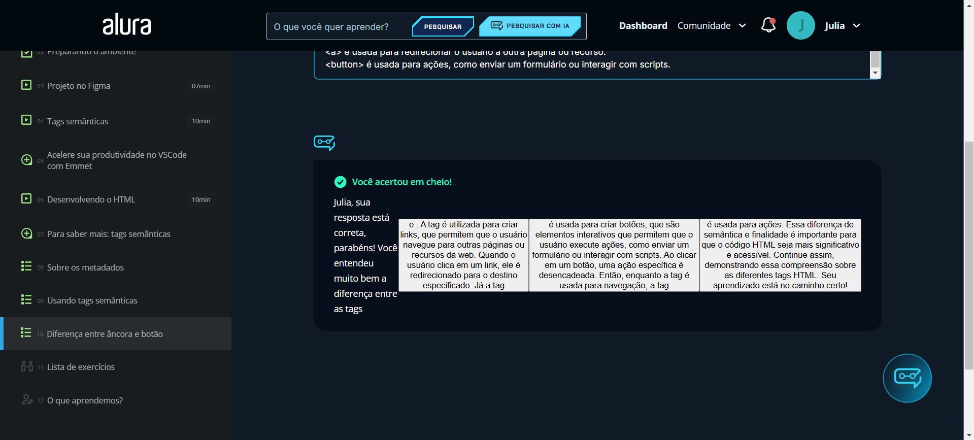 A captura de tela mostra uma resposta exibida pela IA Luri. O texto da explicação sobre a diferença entre as tags `<a>` (âncora) e `<button>` (botão) está mal formatado, dividindo a resposta em 4 blocos, o que dificulta a leitura e compreensão da mensagem. 
