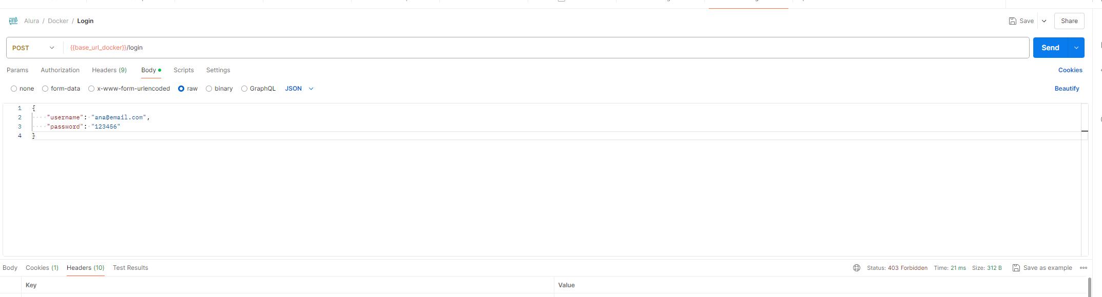 É uma imagem do postman, fazendo uma requisição para http:localhost:3080/login, com o body preenchido com as credenciai, username como ana@email.com e password como 123456 