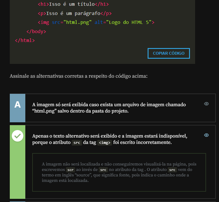 print do exercicio contendo trecho do código e as alternativas