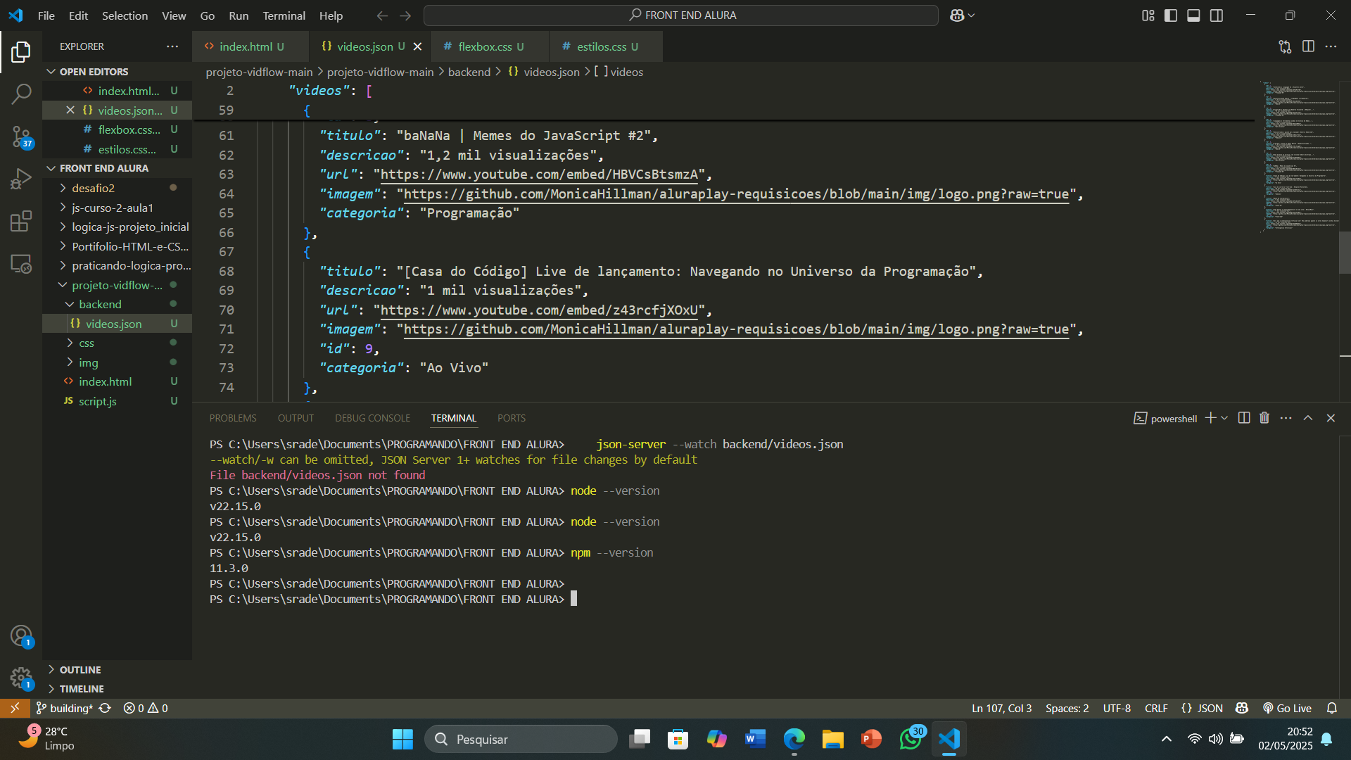 Captura de tela do Visual Studio mostrando erro no terminal ao tentar iniciar o JSON Server