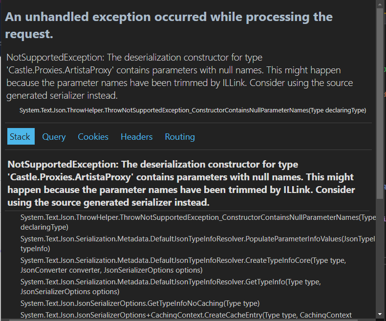 erro com a mensagem: An unhandled exception occurred while processing the request.