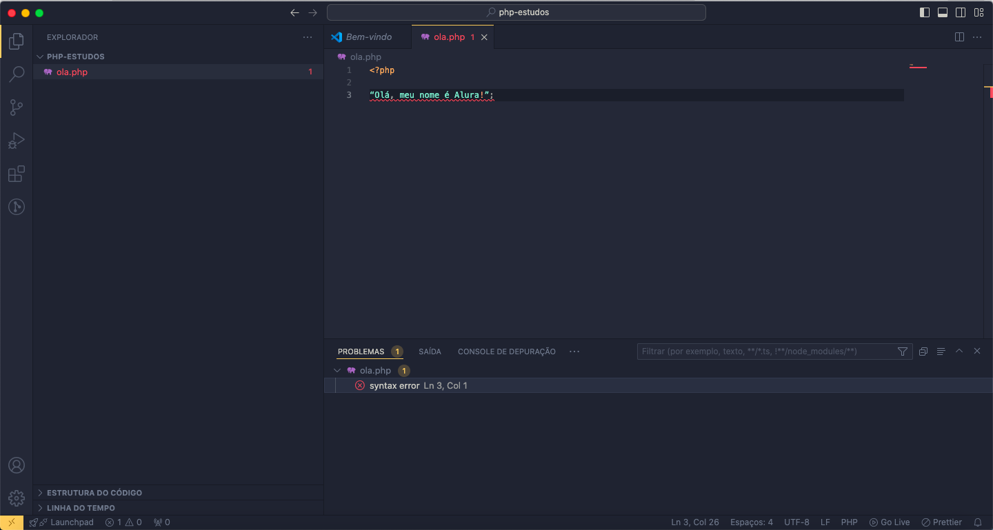 mensagem de erro VSCode