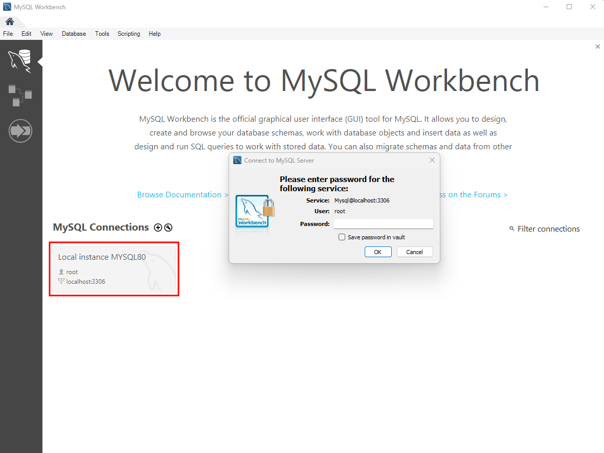 Início da descrição. A imagem mostra a interface inicial do MySQL Workbench. Na seção "MySQL Connections" à esquerda, há uma conexão chamada "Local instance MYSQL80". Ao lado dessa conexão, uma janela pop-up intitulada "Connect to MySQL Server" está solicitando a senha para o serviço. Fim da descrição.