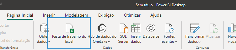 Início da transcrição. Barra da página inicial do power bi. O ícone de pasta de trabalho do excel está destacado por um retângulo azul. Fim da descrição.