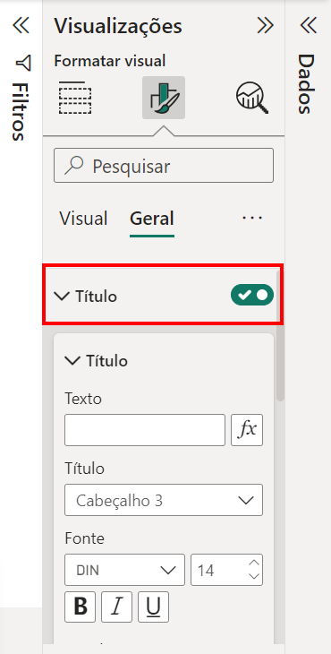 Início da descrição. A imagem mostra o painel de formatação visual no Power BI, na aba "Geral". No painel, há uma opção intitulada "Título" com um botão de alternância verde. A seção de formatação do título está expandida, exibindo campos para inserir texto, selecionar o estilo do título, e configurar a fonte. Fim da descrição.