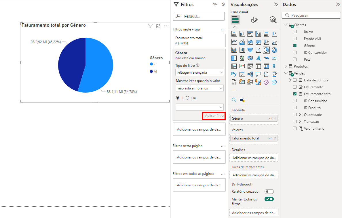 Início da descrição. A imagem mostra um gráfico de pizza no Power BI, o gráfico mostra que 45.22% do faturamento corresponde ao gênero feminino e 54.78% corresponde ao gênero masculino. Nas configurações do gráfico, a coluna Gênero foi usada como Legenda, e Faturamento total foi usado no campo de Medidas. No filtro avançado Gênero está como "não está em branco". Fim da descrição.