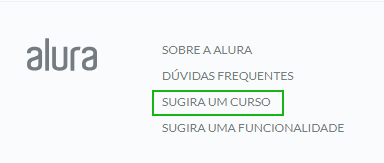 Início da descrição. Rodapé da plataforma da Alura com o link "Sugira um Curso" em destaque. Fim da descrição.