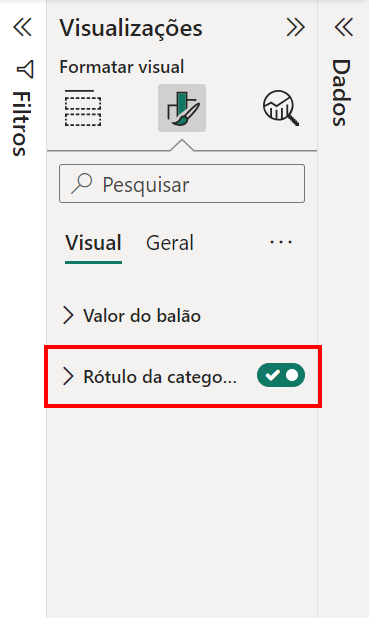 Início da descrição. A imagem mostra o painel de formatação visual no Power BI, especificamente a aba "Visual". No painel, há uma opção intitulada "Rótulo da categoria" com um botão de alternância verde. Fim da descrição.