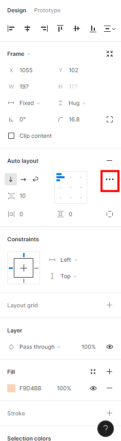 Início da descrição. Na imagem, a seção "Auto layout" é destacada, mostrando configurações de espaçamento entre itens internos, preenchimento, e o menu de opção avançada marcado com um retângulo vermelho. Fim da descrição.