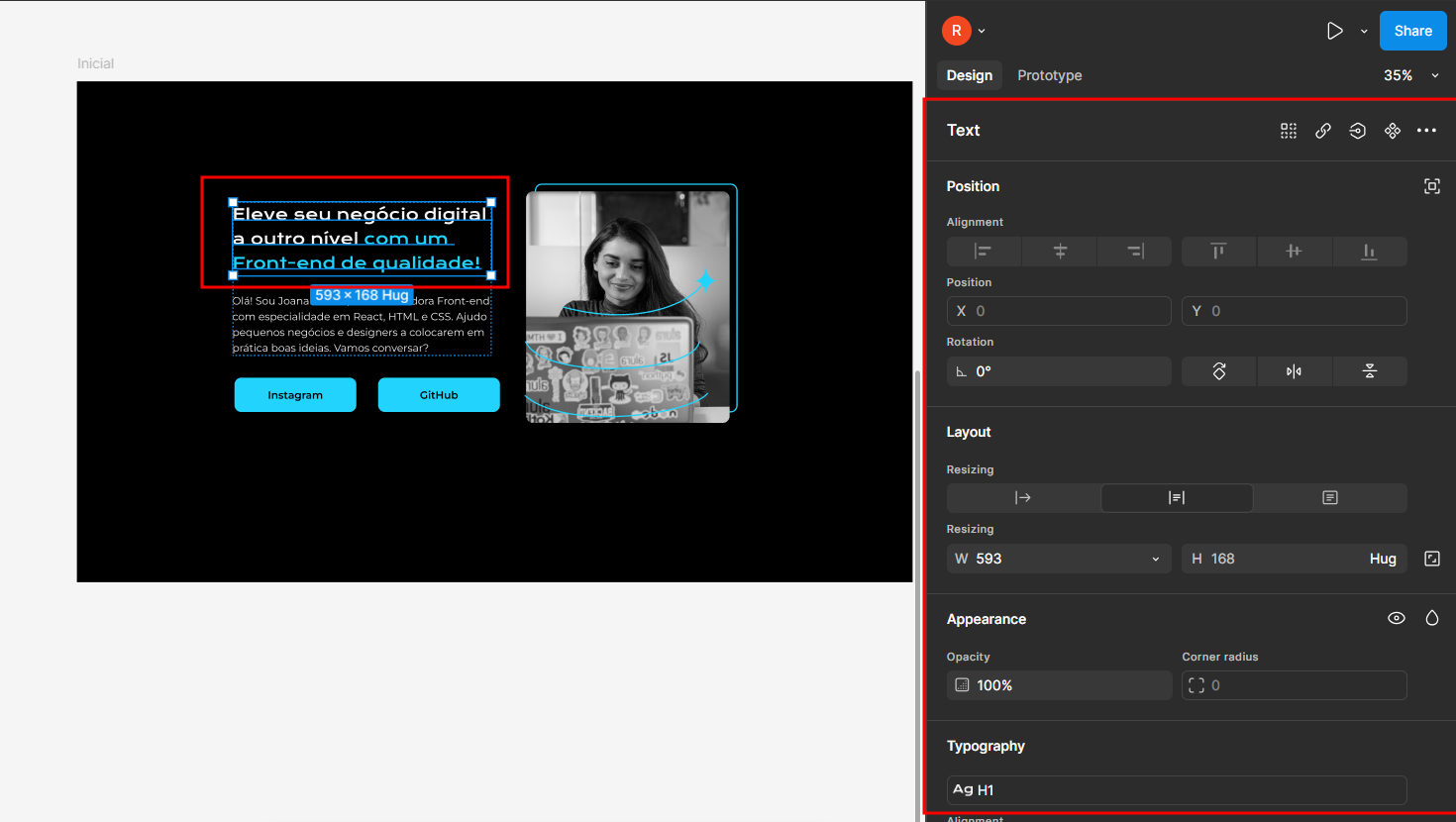  Interface do Figma exibindo uma tela de design com texto em destaque e painel de propriedades à direita