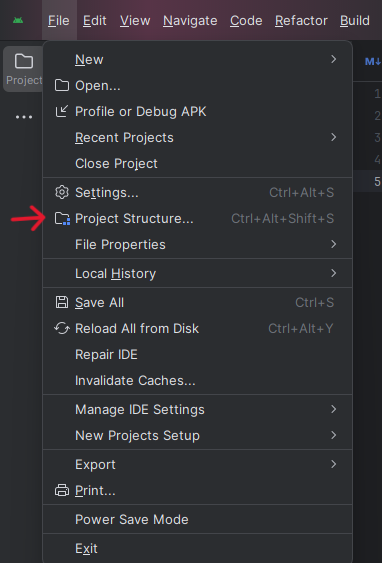 Imagem selecionando Project Structure na aba Files do Android Studio