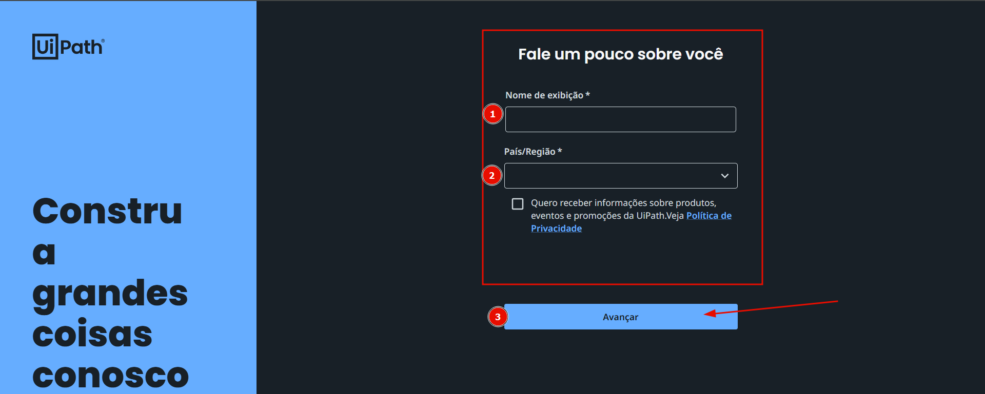 Formulário pedindo nome de exibição e país antes de prosseguir com o cadastro no UiPath