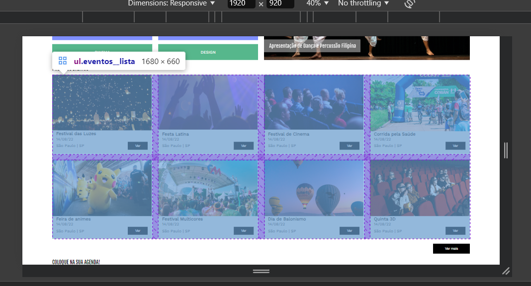 Visão do CSS grid da seção de eventos da Culturama no DevTools após alinhamento correto