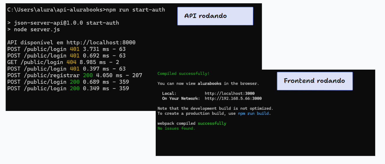 Captura de tela do terminal exibindo a API rodando em localhost:8000 e o frontend rodando em localhost:3000.