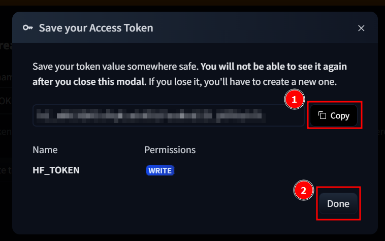Pop-up exibindo o token gerado na Hugging Face com botões "Copy" e "Done"