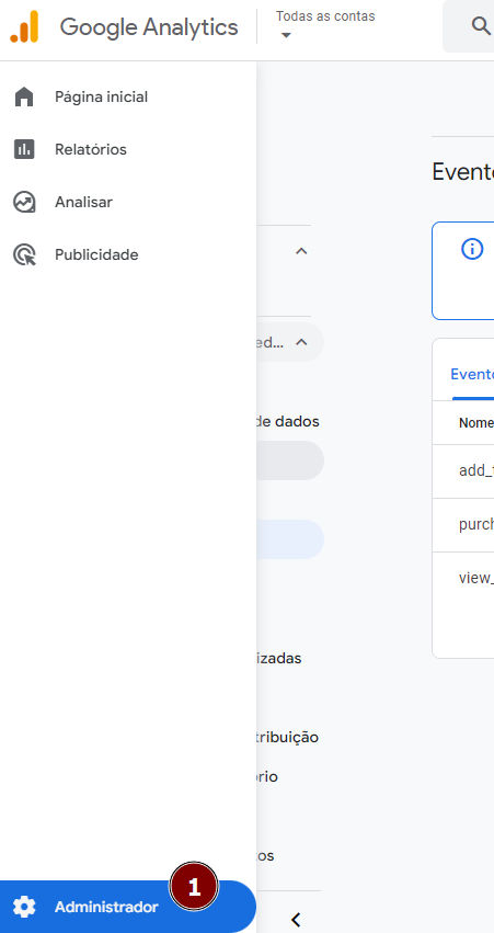 Tela do Google Analytics destacando a opção "Administrador" na parte inferior do menu lateral esquerdo 