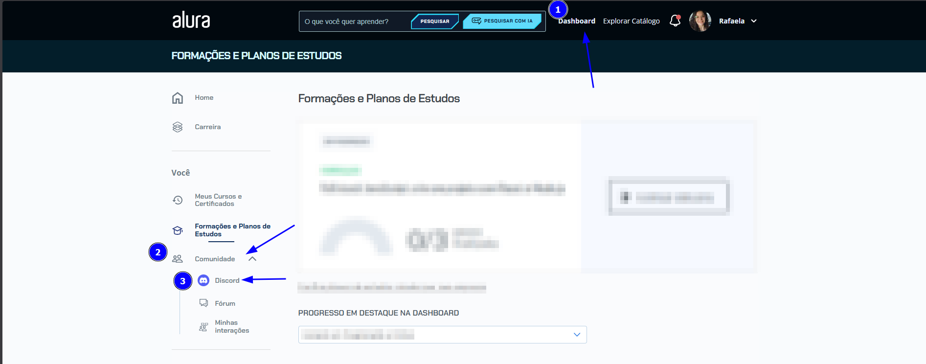 Tela do Dashboard da Alura com setas numeradas indicando o menu Dashboard no topo, a seção Comunidade na lateral e o link para o Discord