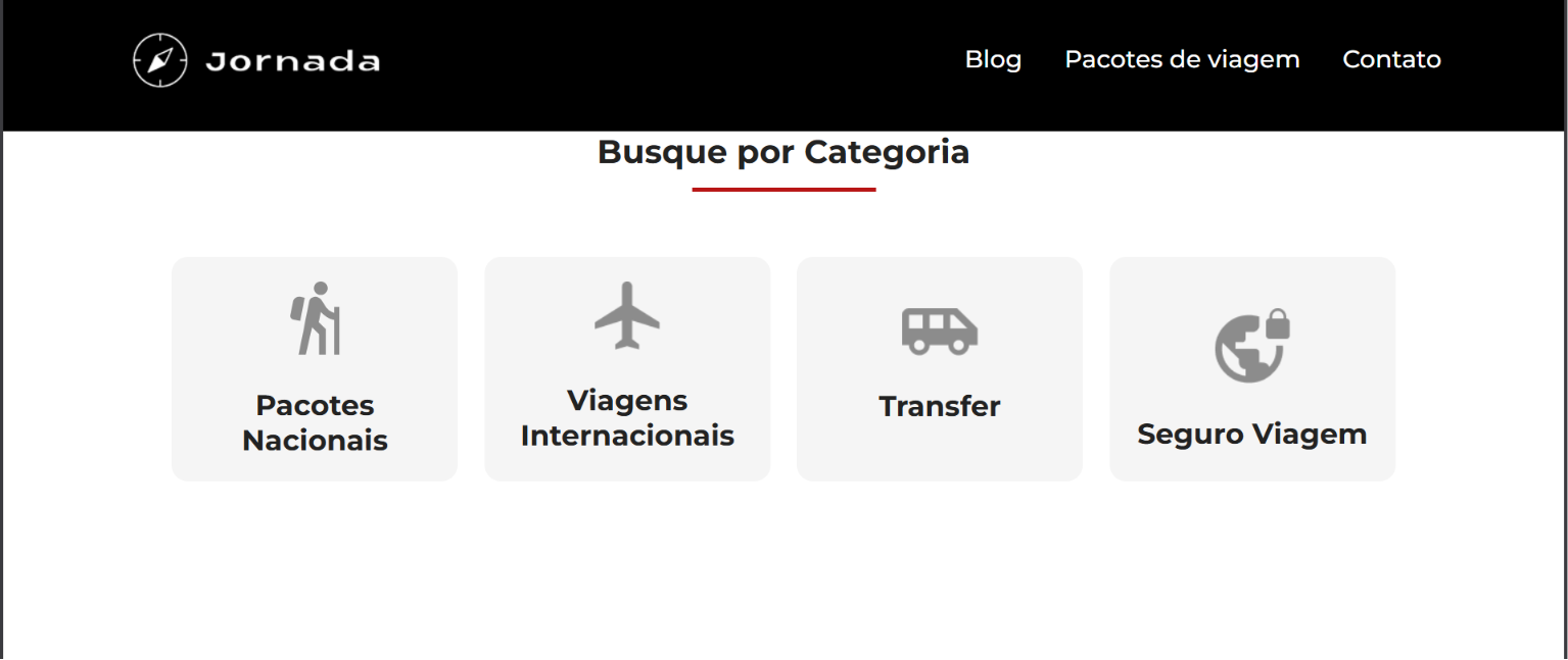 Interface do site Jornada com categorias de busca: Pacotes Nacionais, Viagens Internacionais, Transfer e Seguro Viagem