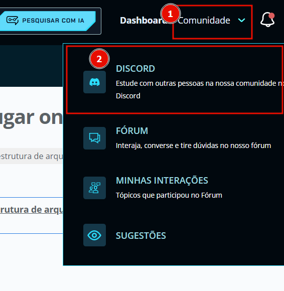 Menu suspenso da área “Comunidade” no site da Alura, destacando a opção “DISCORD” com a descrição “Estude com outras pessoas na nossa comunidade no Discord”, localizada abaixo do botão superior “Dashboard > Comunidade”.