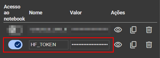 Token "HF_TOKEN" adicionado como segredo no Google Colab com acesso ao notebook ativado