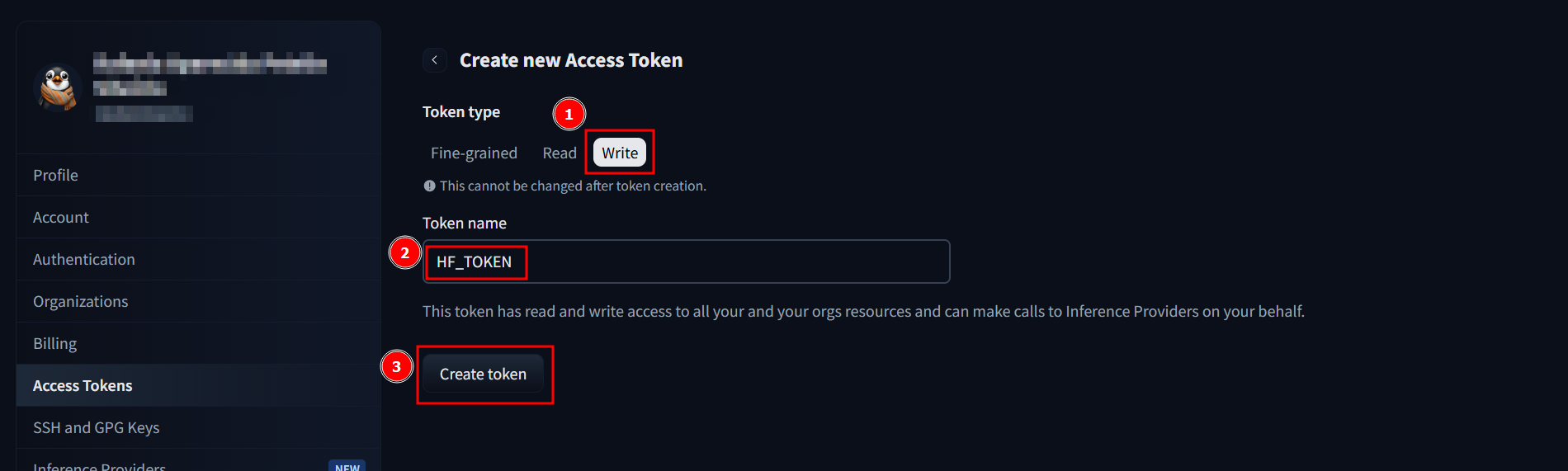 Formulário para criação de token na Hugging Face com tipo "Write" e nome "HF_TOKEN" preenchido