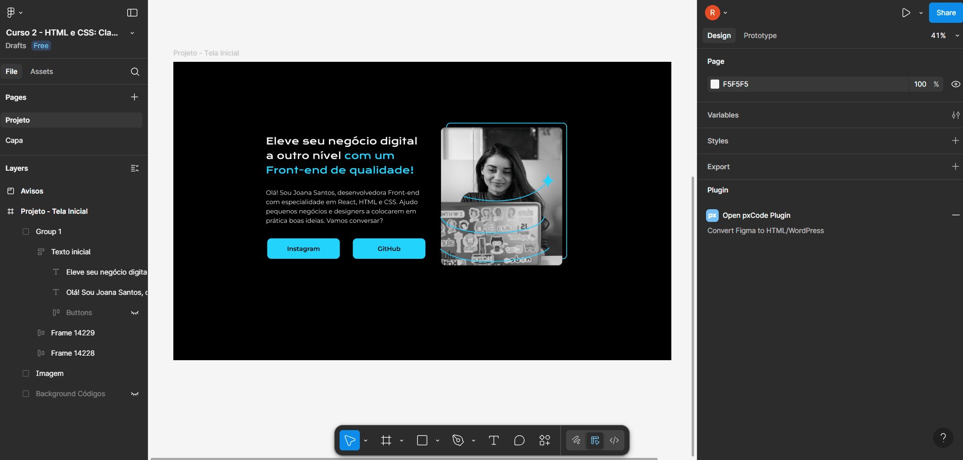 Gif mostrando como acessar as propriedades de um texto na aba "Design" do Figma