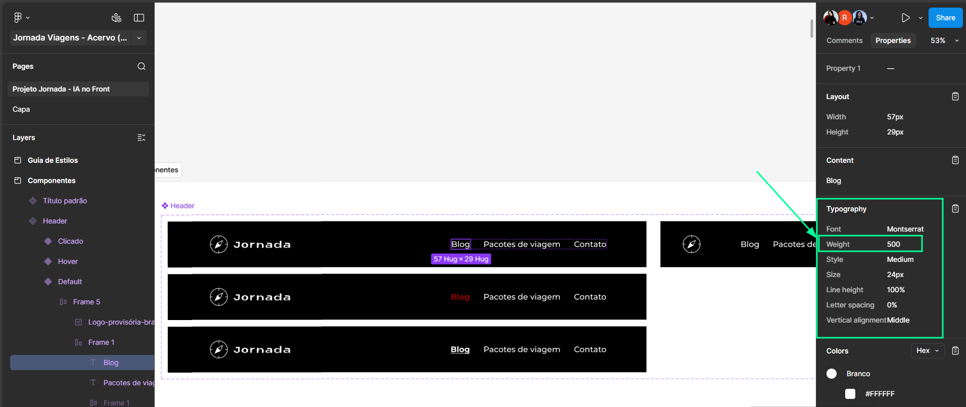 Interface do Figma mostrando um header selecionado e, na barra lateral direita, as propriedades tipográficas do texto ‘Blog’, com peso definido como 500.