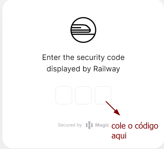 A imagem mostra a página da railway com o espaço para inserir o código copiado anteriormente