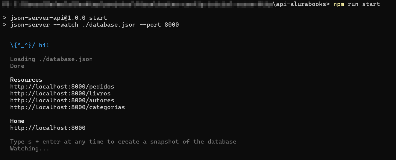 Terminal exibindo o comando npm run start executado no projeto api-alurabooks, iniciando o servidor json-server na porta 8000 e carregando o arquivo database.json, com os endpoints disponíveis em http://localhost:8000/pedidos, livros, autores e categorias