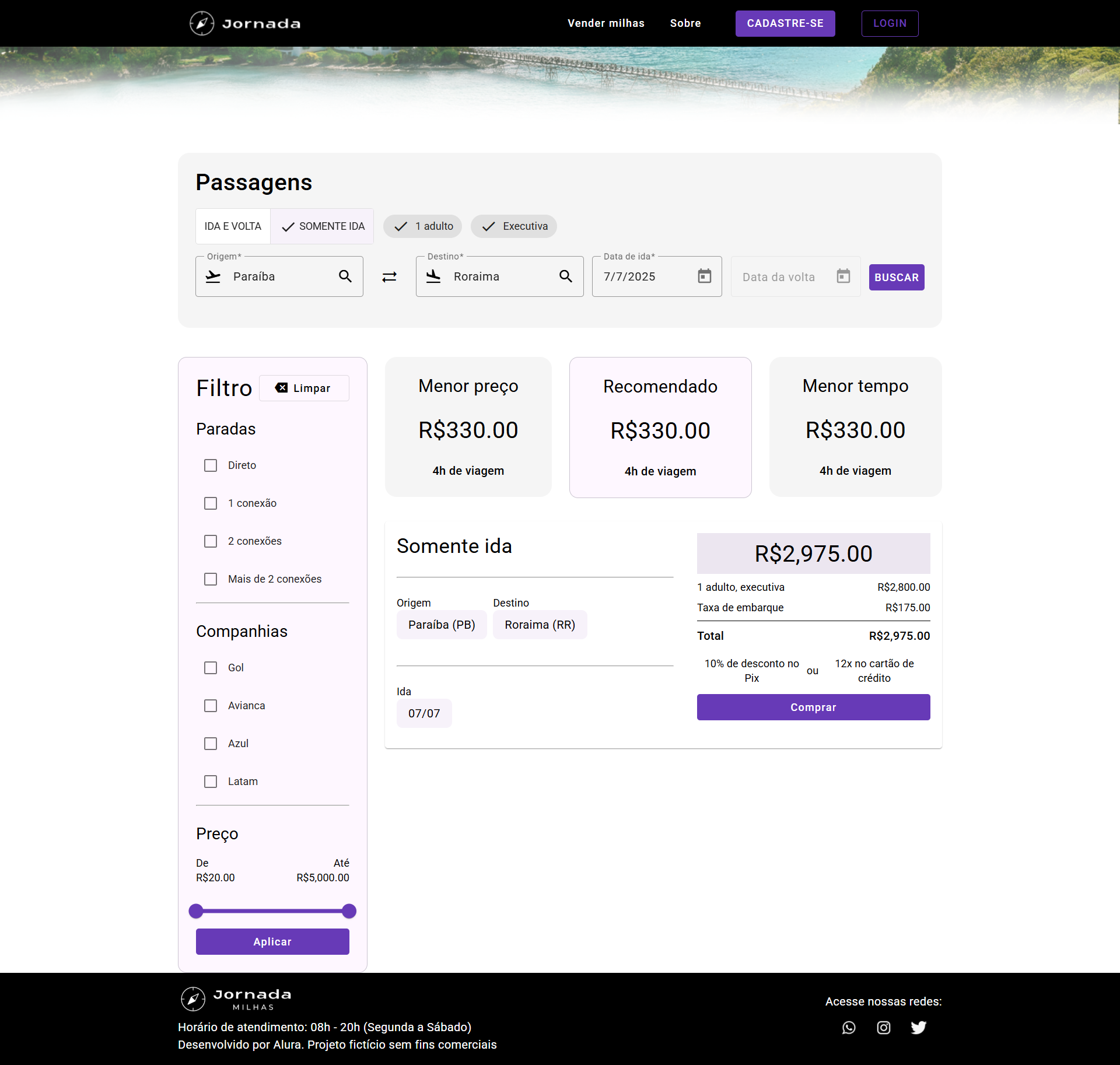 Tela de resultados de busca de passagens do site Jornada Milhas, com origem em Paraíba e destino em Roraima. Mostra opções de filtros à esquerda, opções de menor preço e tempo no centro, e o valor total da passagem executiva selecionada R$2.975,00 à direita