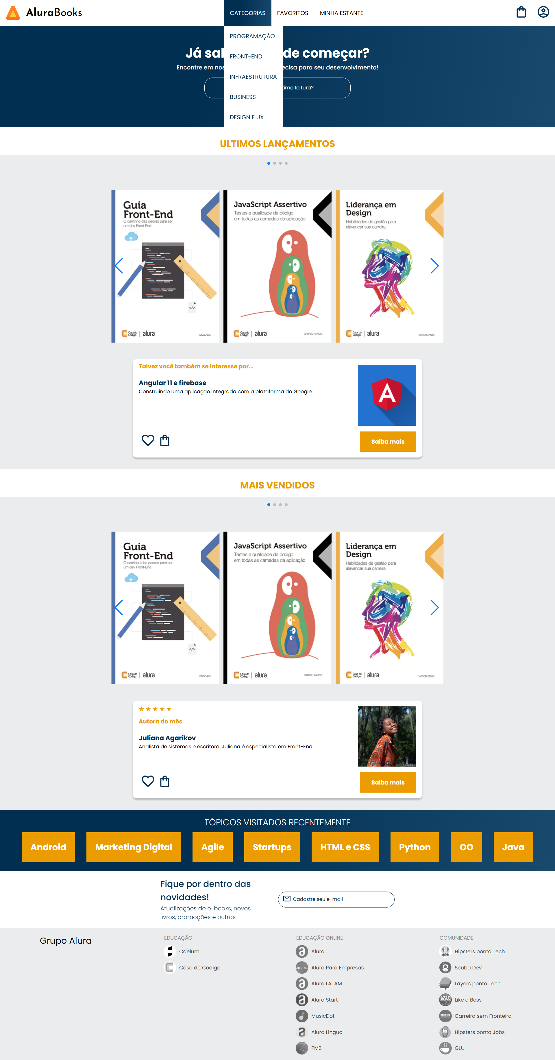 Página inicial do AluraBooks com seções de lançamentos, mais vendidos e tópicos populares. Menu superior com categorias e acesso à estante e favoritos.