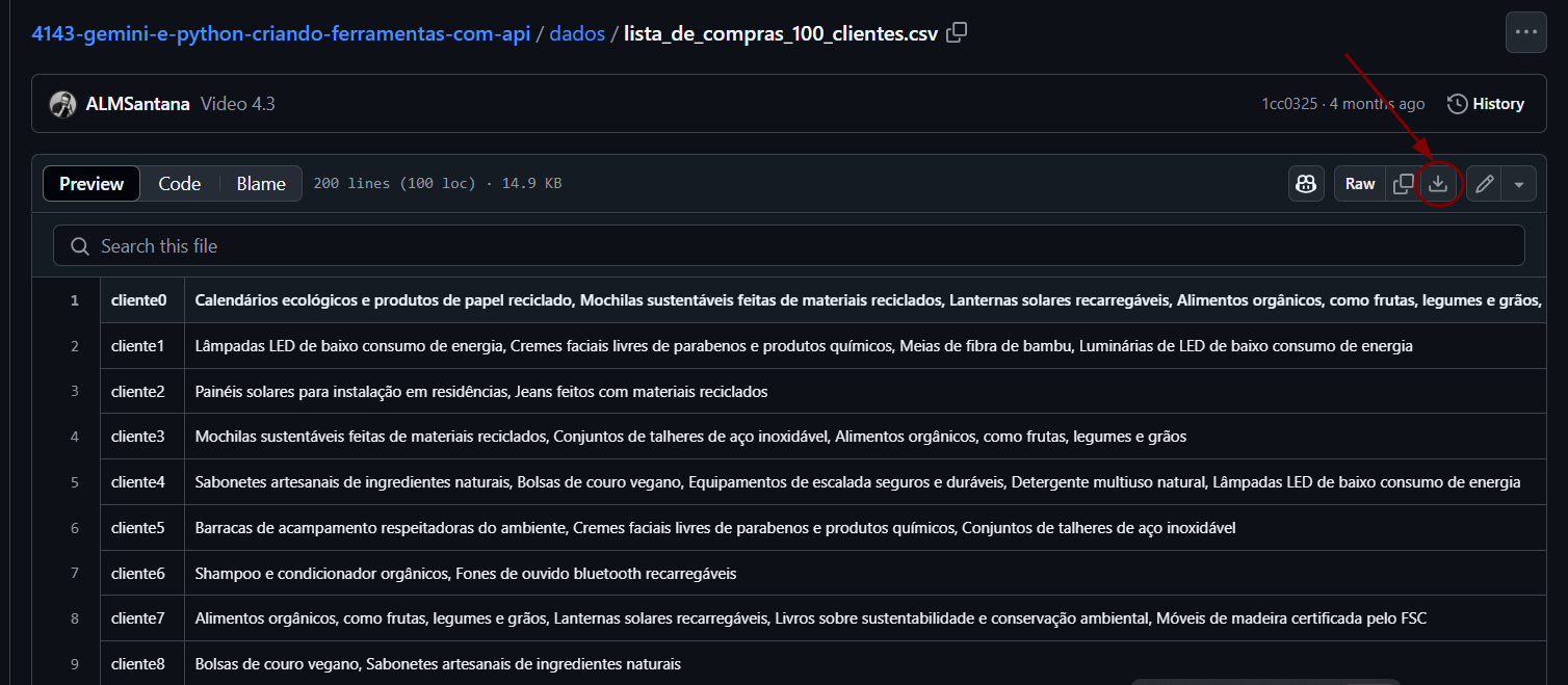 tela do GitHub mostrando o arquivo csv, com o ícone de download do arquivo destacado por uma seta vermelha e um círculo vermelho