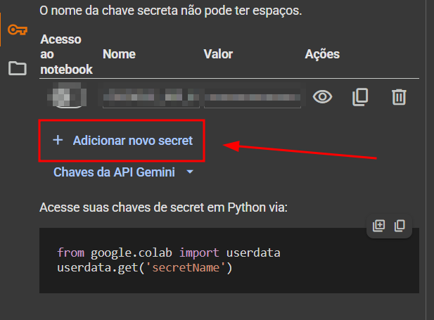 Menu de segredos do Google Colab com seta apontando para o botão "+ Adicionar novo secret