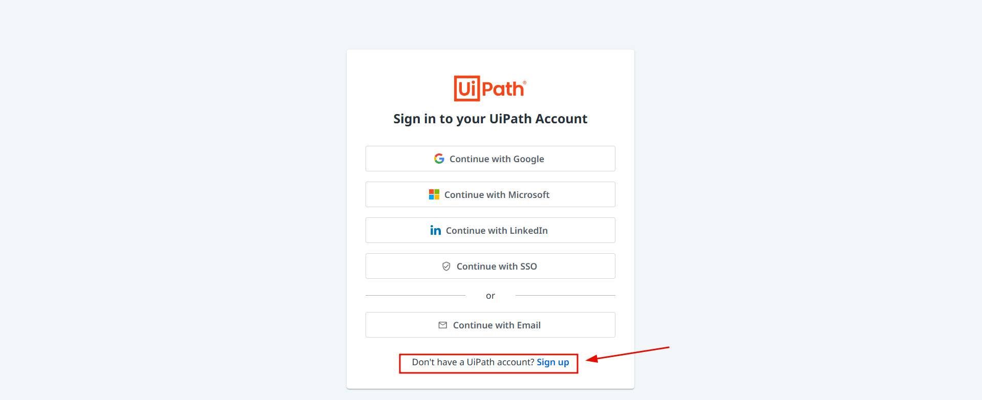 Tela de login do UiPath com opções de acesso via Google, Microsoft, LinkedIn e e-mail.