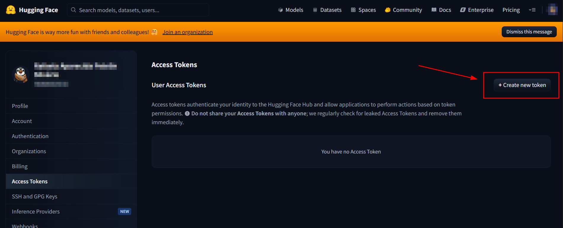 Tela da Hugging Face com botão "+ Create new token" destacado na seção de Access Tokens.