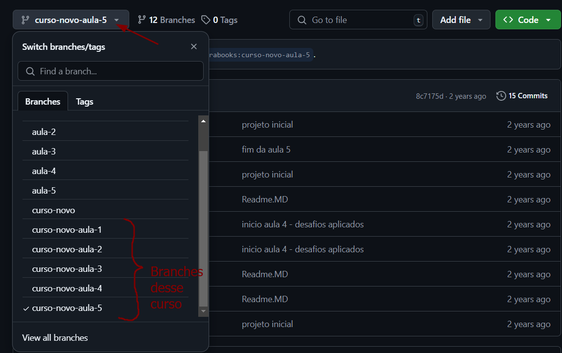 Tela do repositório no github mostrando a aba de branches aberta, na qual se encontram as opções de visualizar os códigos das aulas de 1 a 5